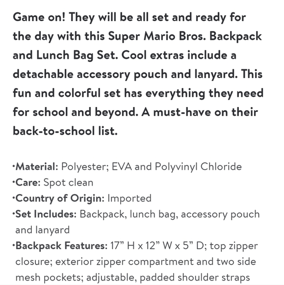 Nintendo Kids Super Mario Bros Backpack w/Lunchbag- 5 piece - Picture 5 of 8